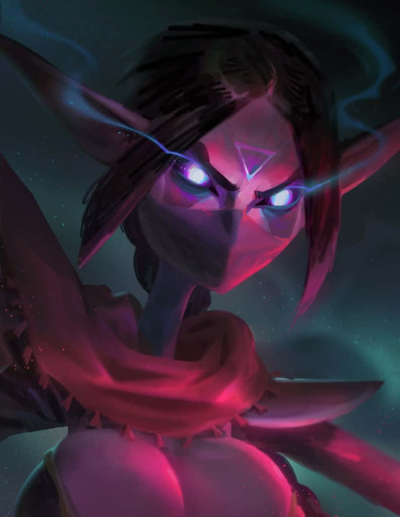 Templar Assassin 桌布 壁紙 — 一個兇猛的奇幻精靈，擁有發光的藍色眼睛和額頭上發光的三角形，在黑暗的宇宙背景下強烈凝視。