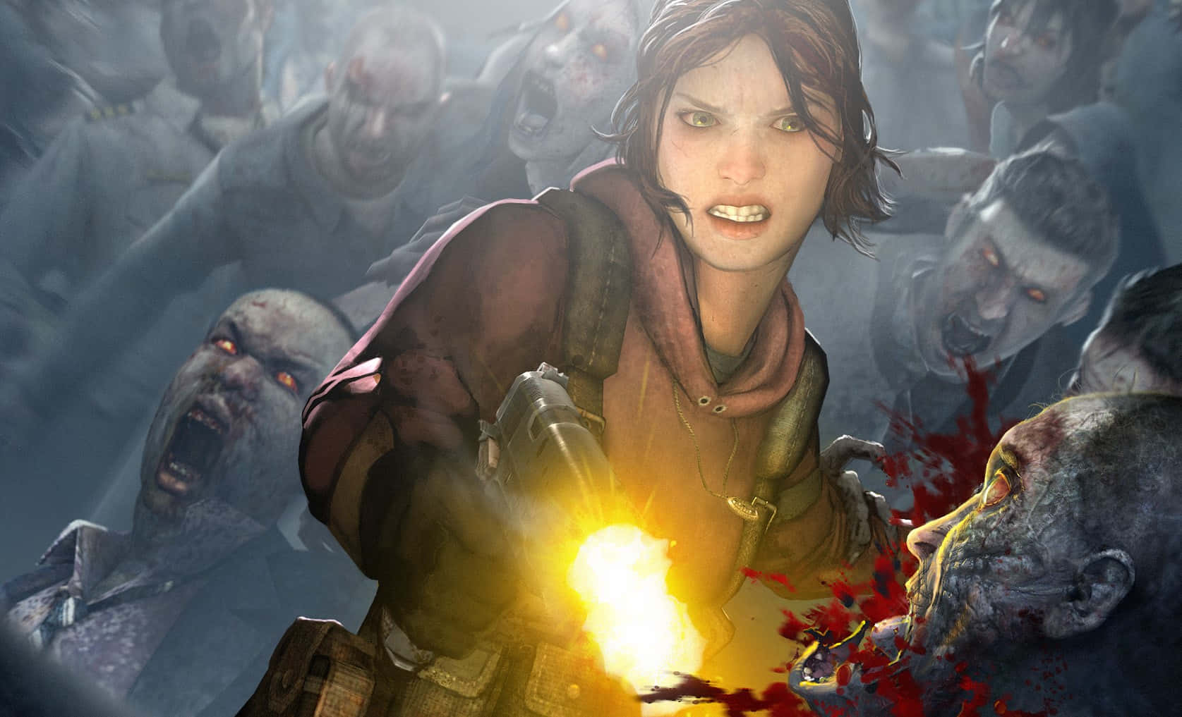 Left 4 Dead Characters 桌布 壁紙 — 一個兇猛的女人在血腥的近戰場景中向殭屍群開火。