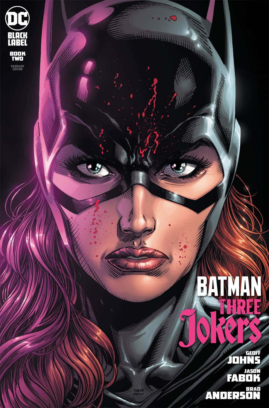 Batman Three Jokers 桌布 壁紙 — 一個兇猛的女蝙蝠俠，眼睛發光，血跡斑斑，在黑暗背景下強烈凝視。