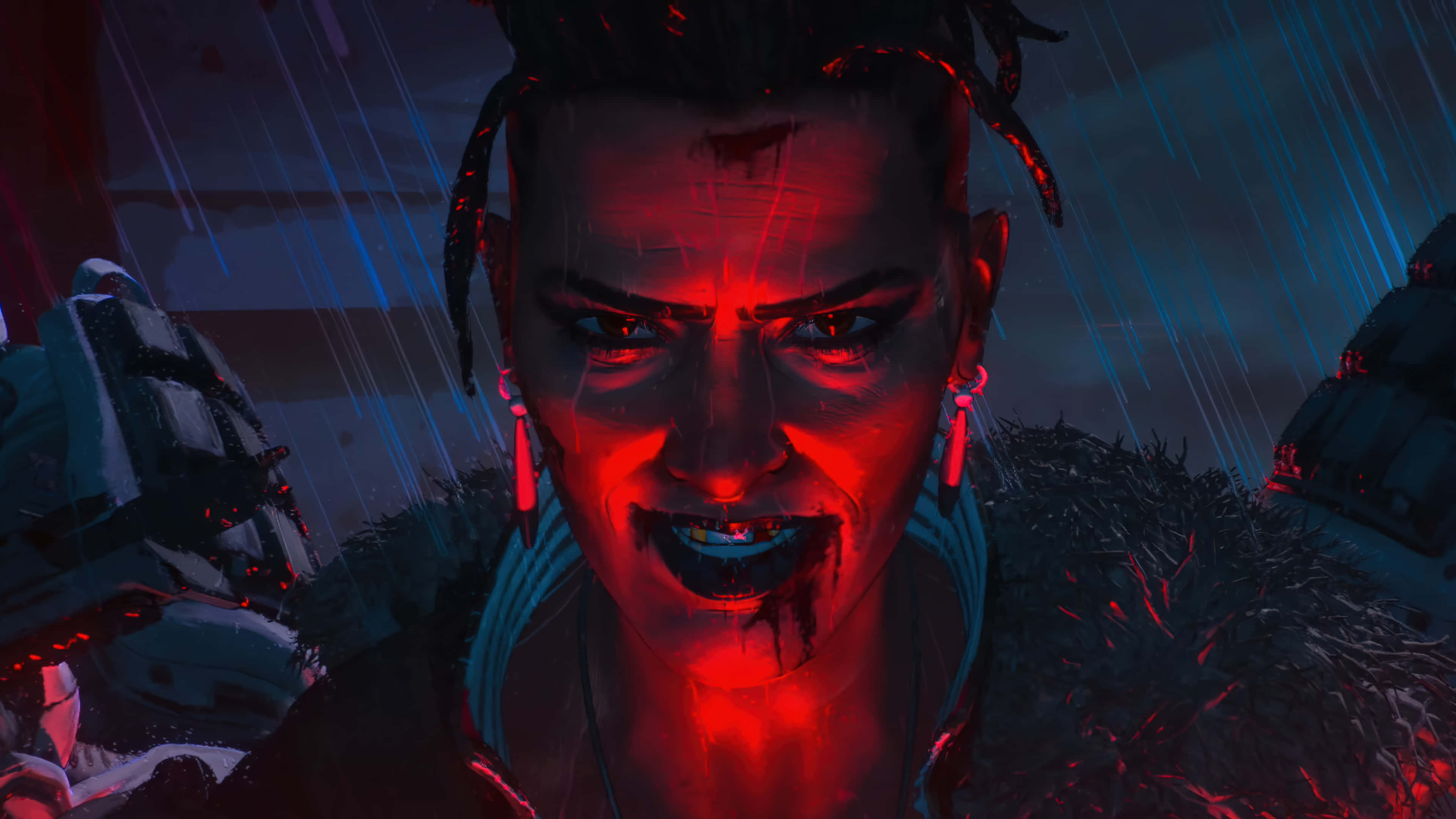 Apex Legends Characters 桌布 壁紙 — 一個兇猛的戰士，擁有發光的紅色眼睛和血跡斑斑的臉，在雨夜霓虹燈場景中強烈凝視。