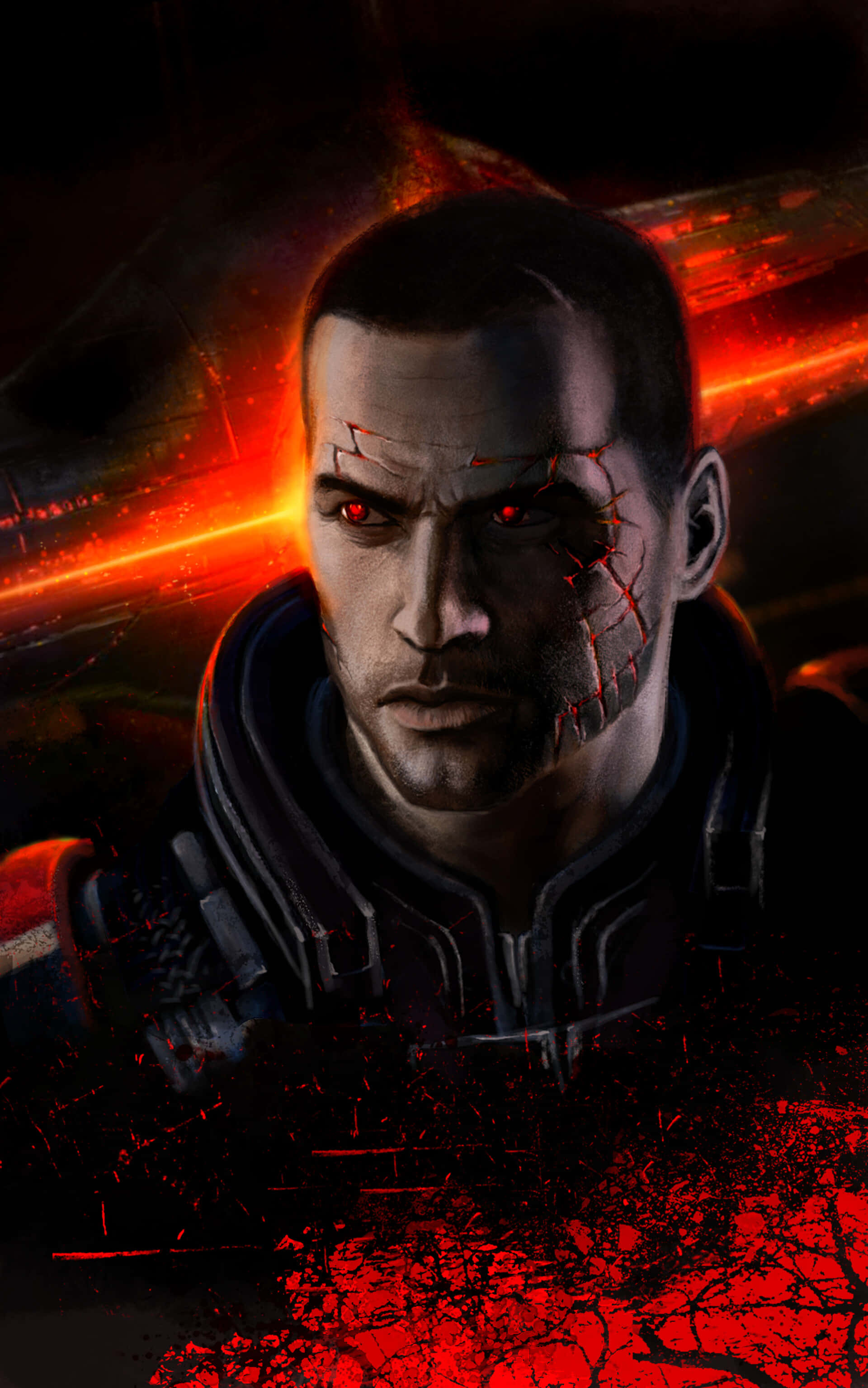 Commander Shepard 桌布 壁紙 — 一個兇猛的戰士，擁有發光的紅色眼睛和裂開的臉，在熾熱的紅色和黑色宇宙背景下強烈地凝視。