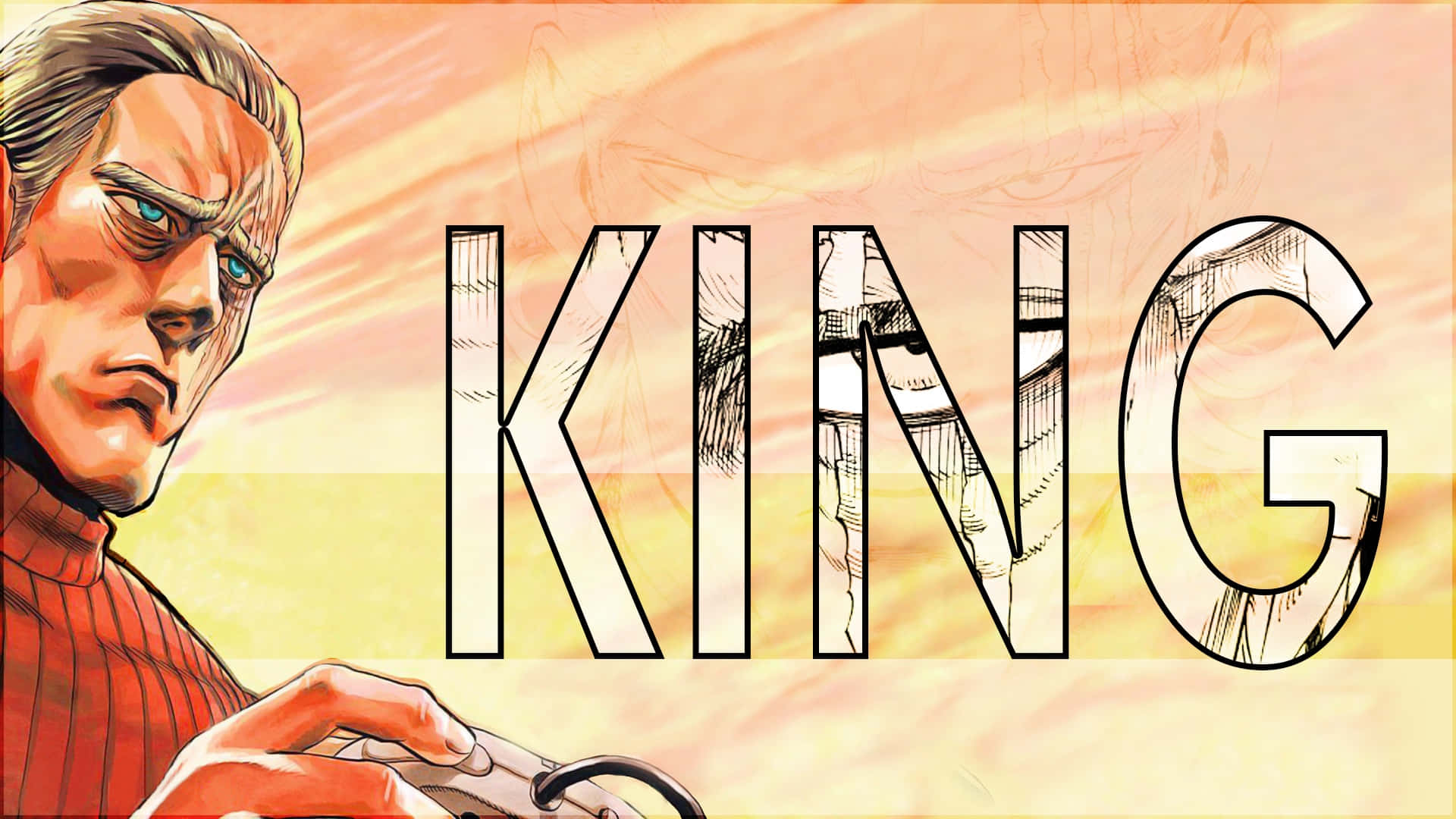 One Punch Man King 桌布 壁紙 — 一個兇猛的插圖男子，藍眼睛，紅色高領毛衣，強烈地凝視著，手持控制器，背後大膽地顯示著KING這個詞。