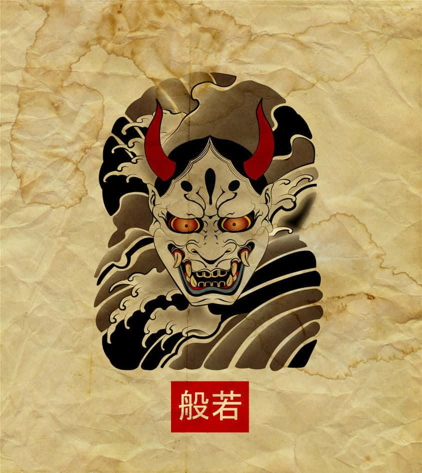 Yokai 桌布 壁紙 — 一個兇猛的日本鬼面具，帶有紅色角和發光的眼睛，從陳舊羊皮紙上旋轉的黑色波浪中浮現。