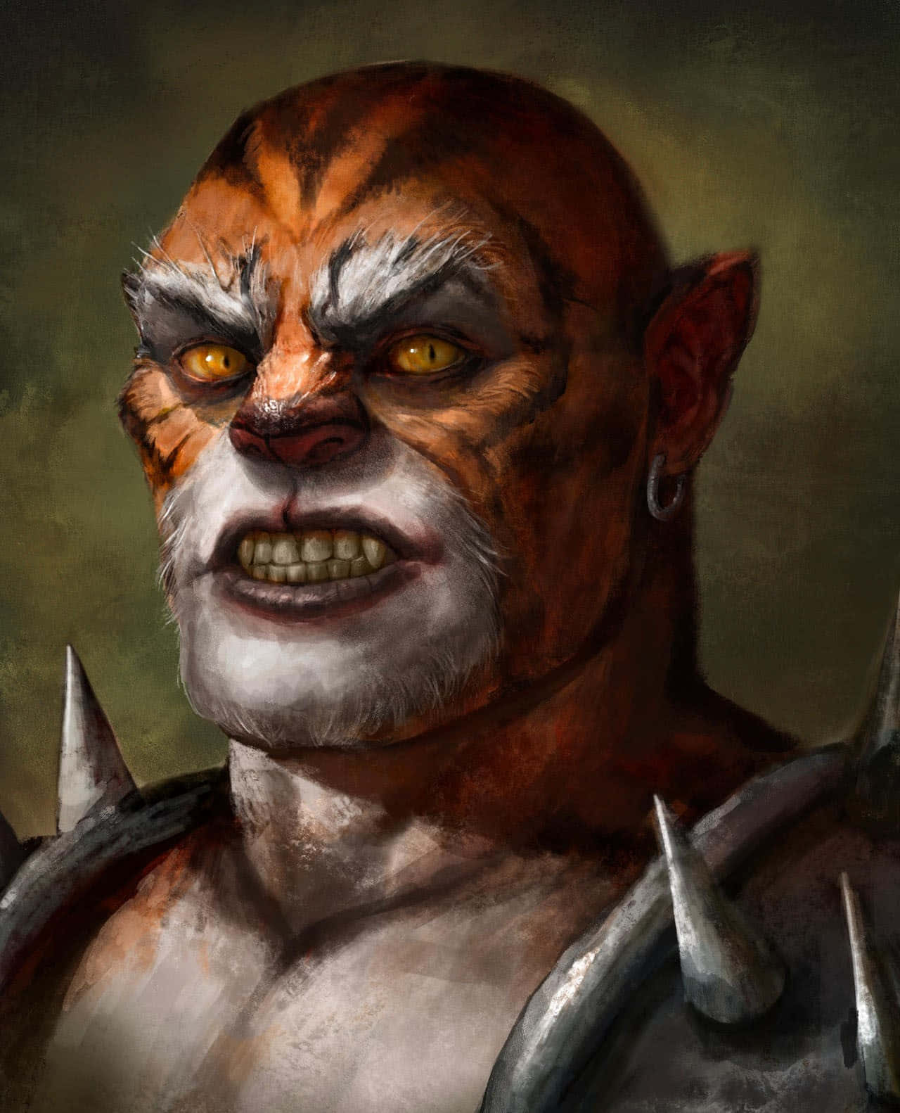 Mortal Kombat Kintaro 桌布 壁紙 — 一個兇猛的橙色皮膚獸人，擁有發光的黃色眼睛和尖刺盔甲，在黑暗柔和的背景下威脅地凝視著。