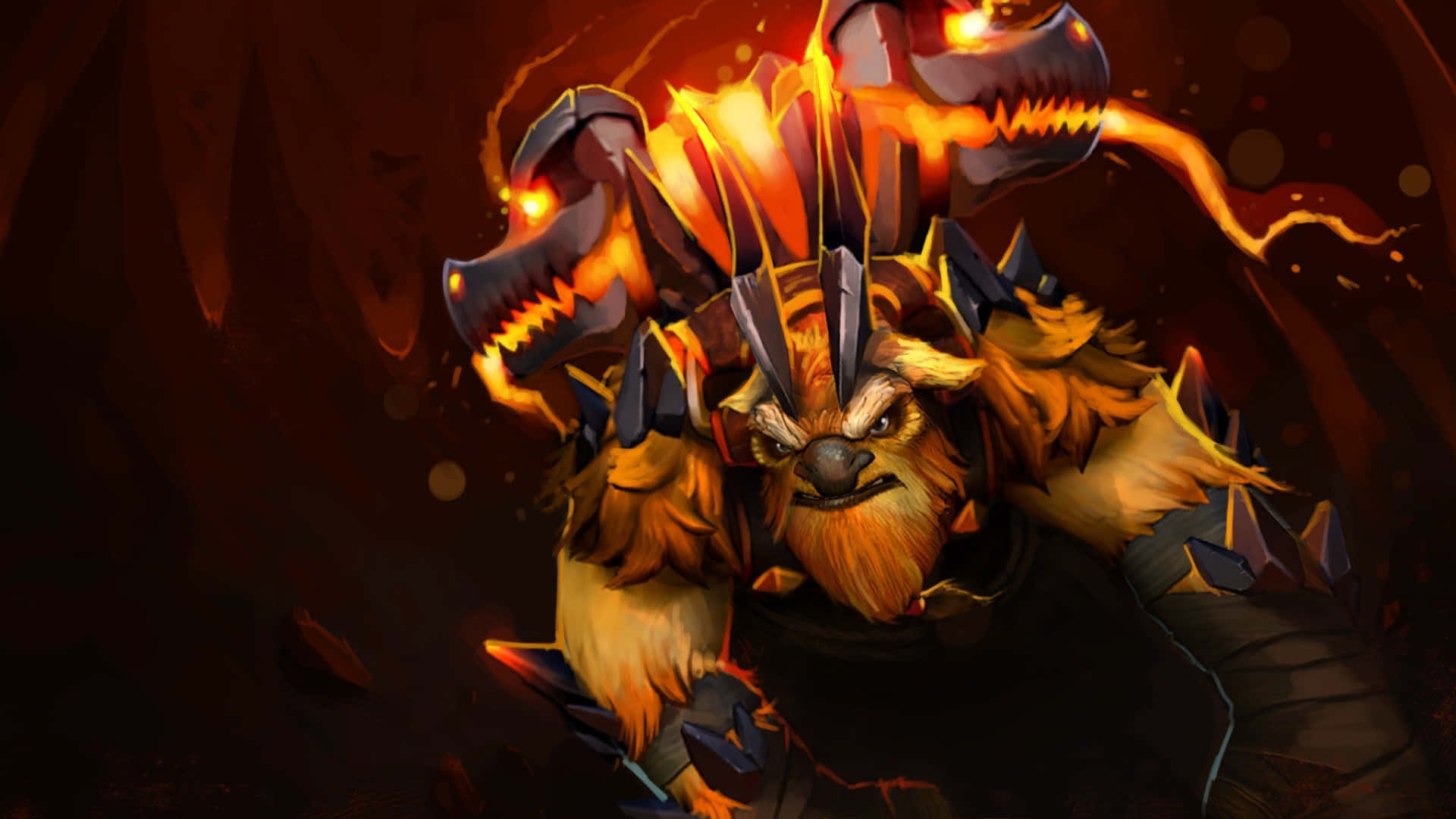 Dota 2 Heroes 桌布 壁紙 — 一個兇猛的毛茸茸戰士，眼睛發光，肩上扛著燃燒的頭骨，在黑暗的火熱背景下咆哮。