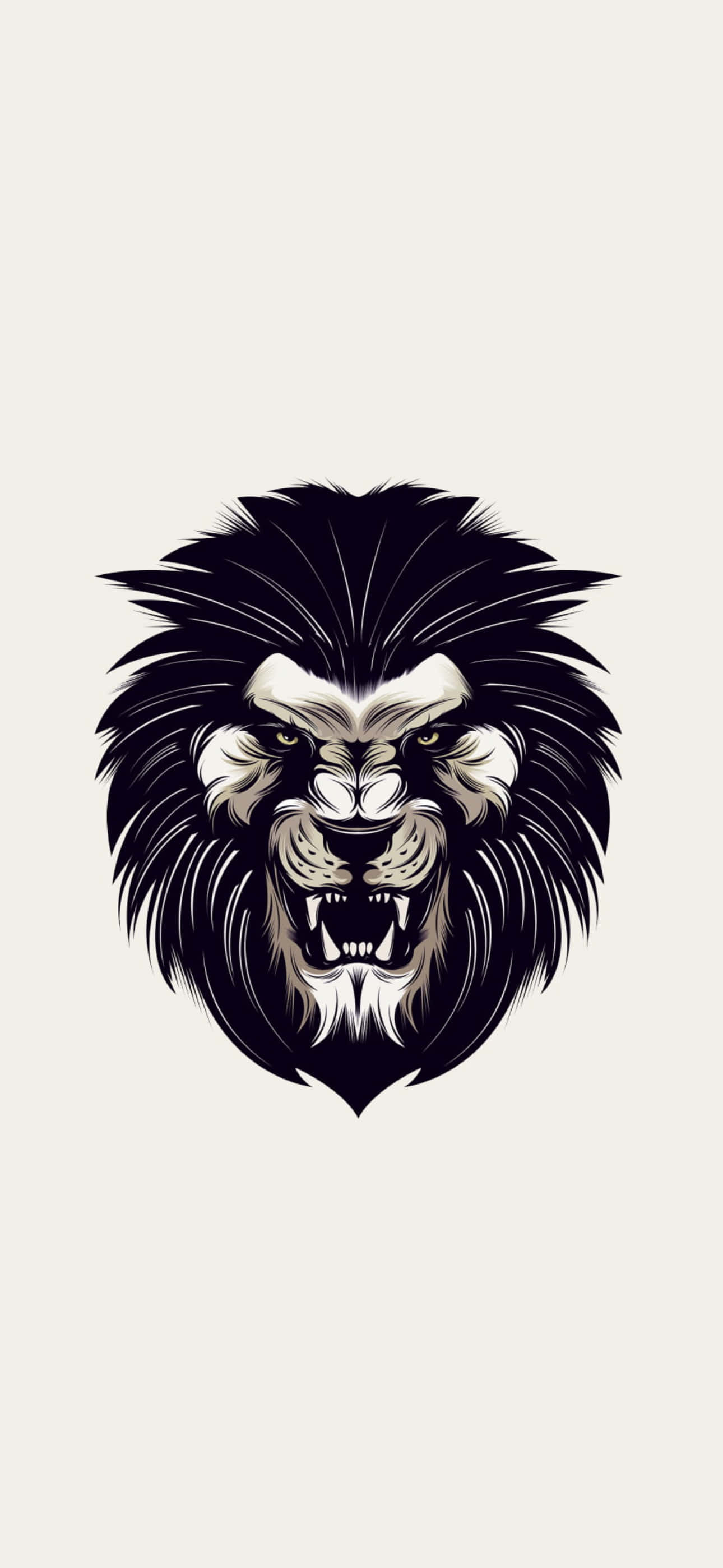 Black Lion 桌布 壁紙 — 一個兇猛的獅子頭，擁有鋒利的牙齒和發光的眼睛，在純米色背景前直視前方。
