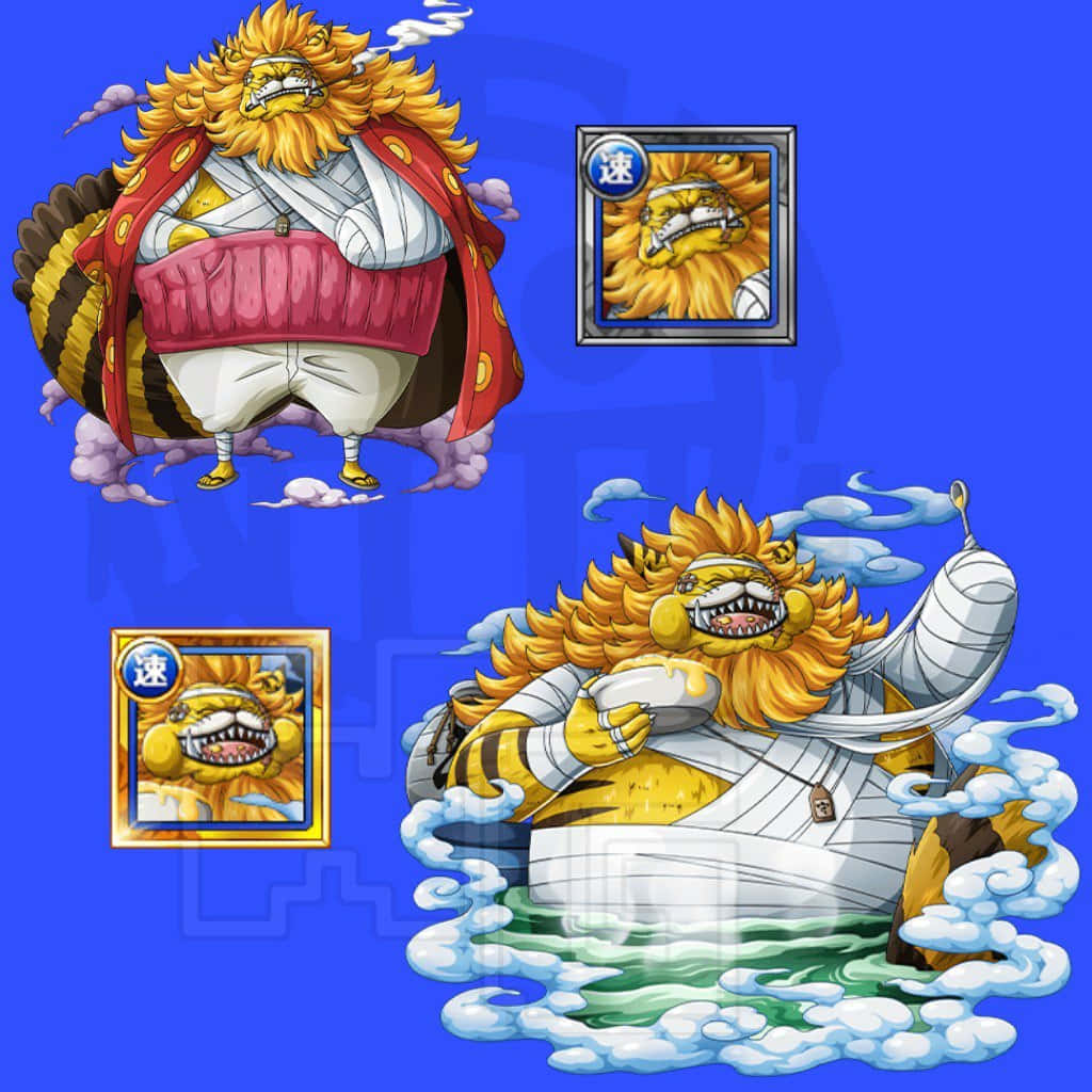 Nekomamushi 桌布 壁紙 — 一個兇猛的獅頭動漫角色，有著黃色鬃毛和纏著繃帶的身體，在純藍色背景上，於旋轉的雲霧中站立和坐著。