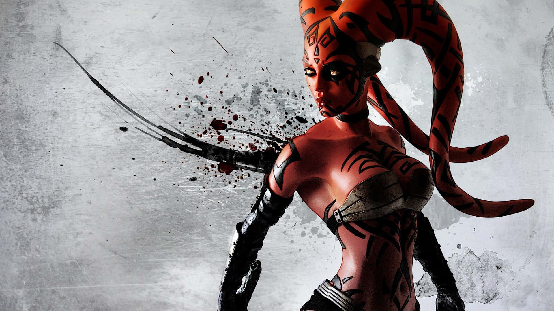 Twi'lek 桌布 壁紙 — 一個兇猛的紅皮膚戰士，長著長辮子和黑色部落紋身，在粗糙的灰色背景前揮舞著彎曲的刀刃。