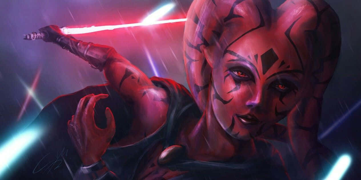 Twi'lek 桌布 壁紙 — 一個兇猛的紅皮膚戰士帶有黑色標記，在黑暗的宇宙背景下揮舞著發光的紅色光劍。
