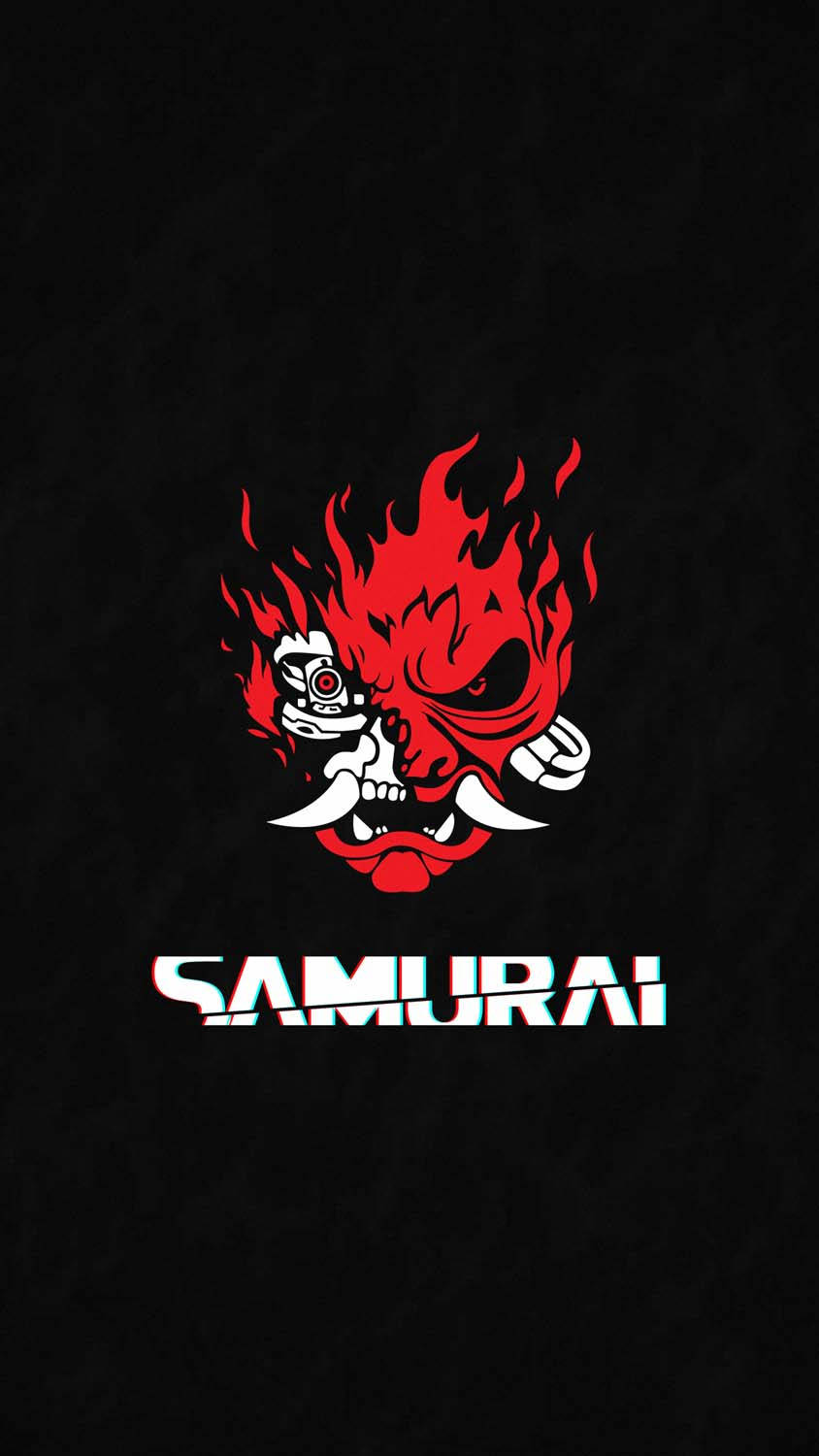 武士 桌布 壁紙 — 一個兇猛的紅色火焰武士面具，白色牙齒和發光的眼睛，手持槍支，背景為黑色紋理，並有粗體白色「SAMURAI」文字。