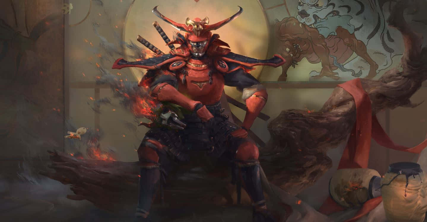 Samurai Armor 桌布 壁紙 — 一個兇猛的紅色盔甲武士，頭上有角，手持多把劍，坐在煙霧和火焰中，構成一個戲劇性的插圖場景。