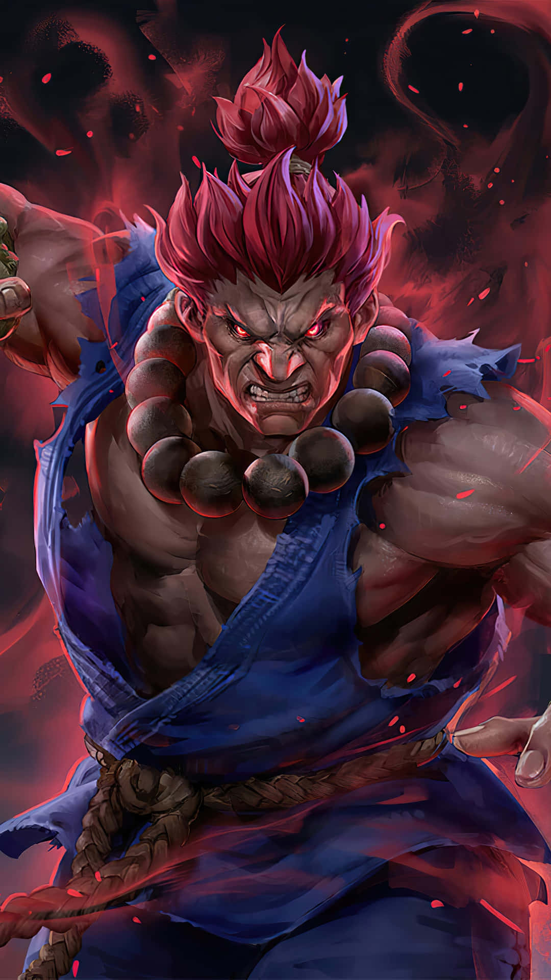 Street Fighter Characters 桌布 壁紙 — 一個兇猛的紅髮戰士，眼睛發光，戴著珠鍊，在黑暗火熱的背景中咆哮。