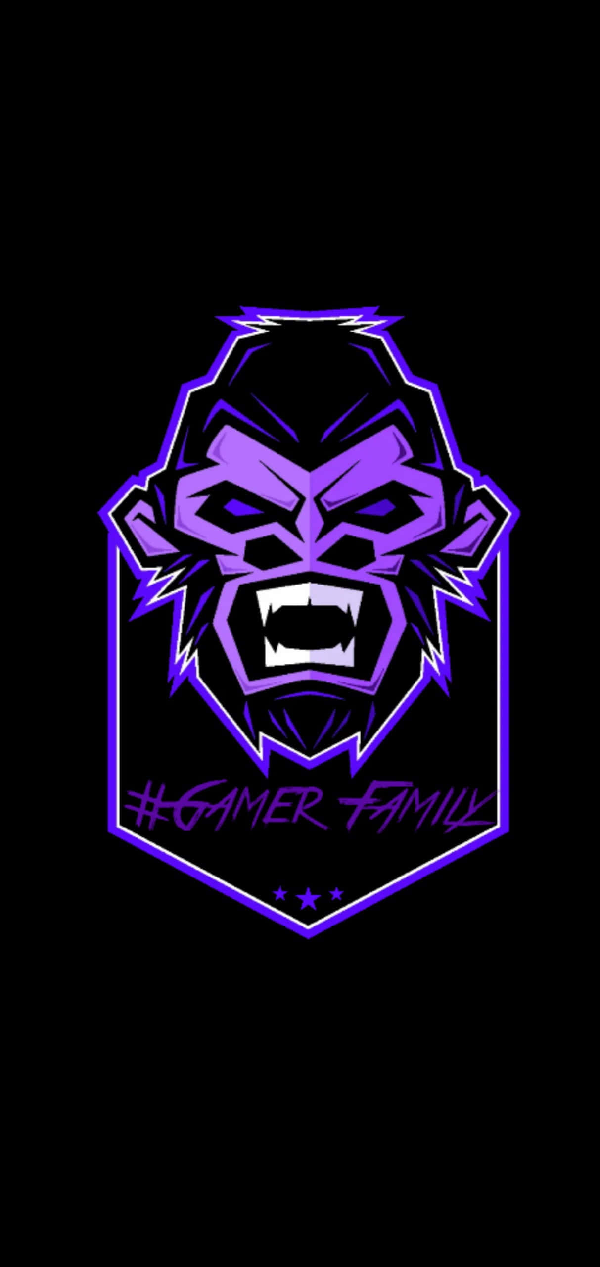 Youtuber Gaming 桌布 壁紙 — 一個兇猛的紫色霓虹大猩猩頭標誌，帶有鋒利的牙齒和發光的輪廓，背景為黑色。