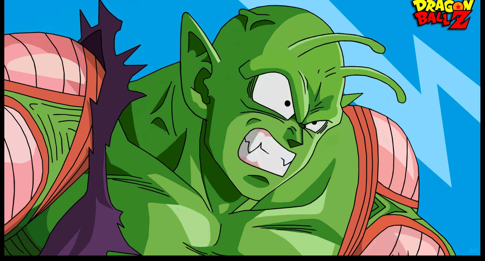 Namek 桌布 壁紙 — 一個兇猛的綠色皮膚動漫角色，有著尖耳朵和憤怒的表情，背景是藍色閃電。