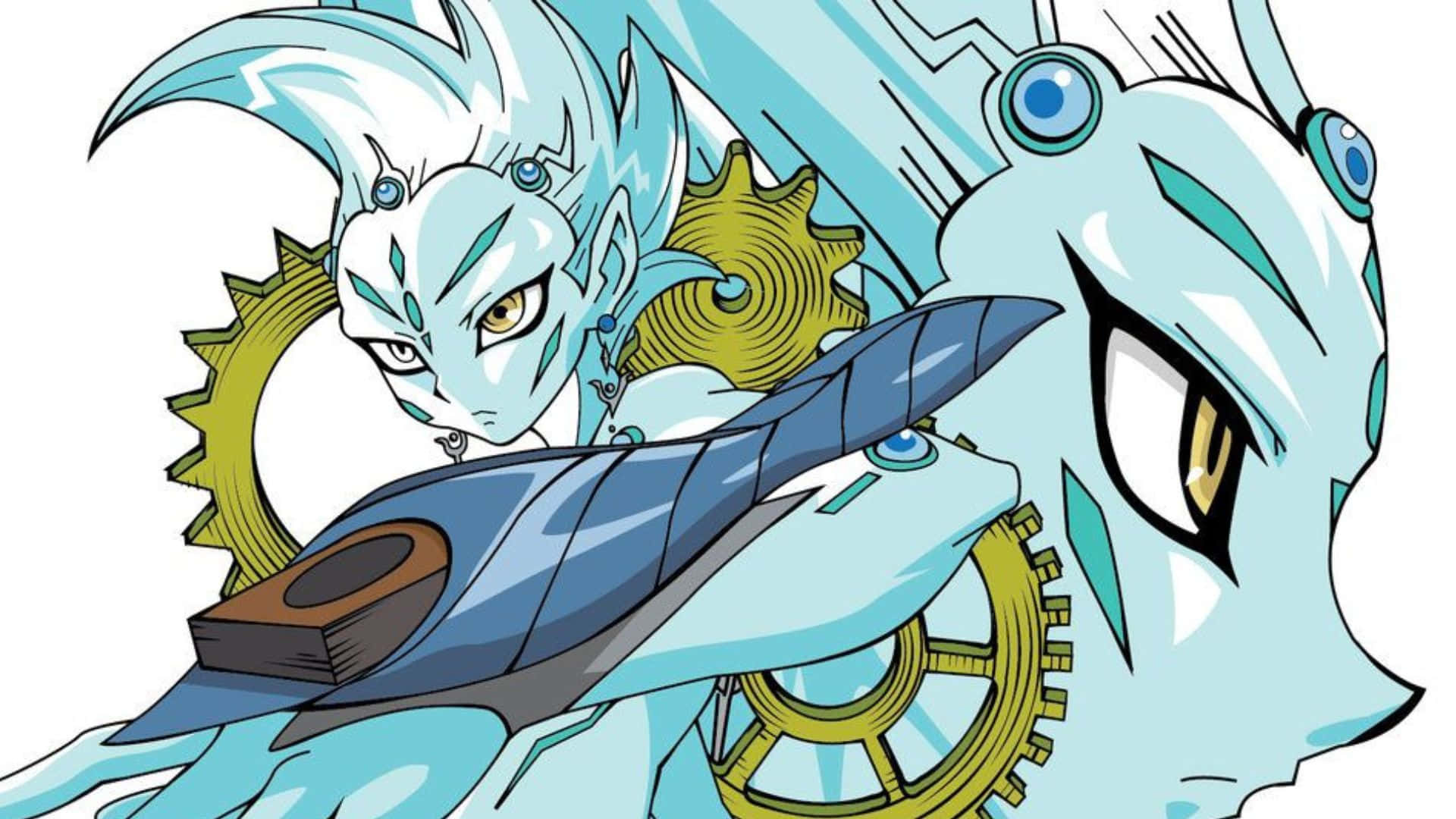 Yu-gi-oh Astral 桌布 壁紙 — 一個兇猛的藍皮膚動漫角色，擁有尖刺頭髮和機械齒輪，在白色背景前握著一把未來風格的劍。