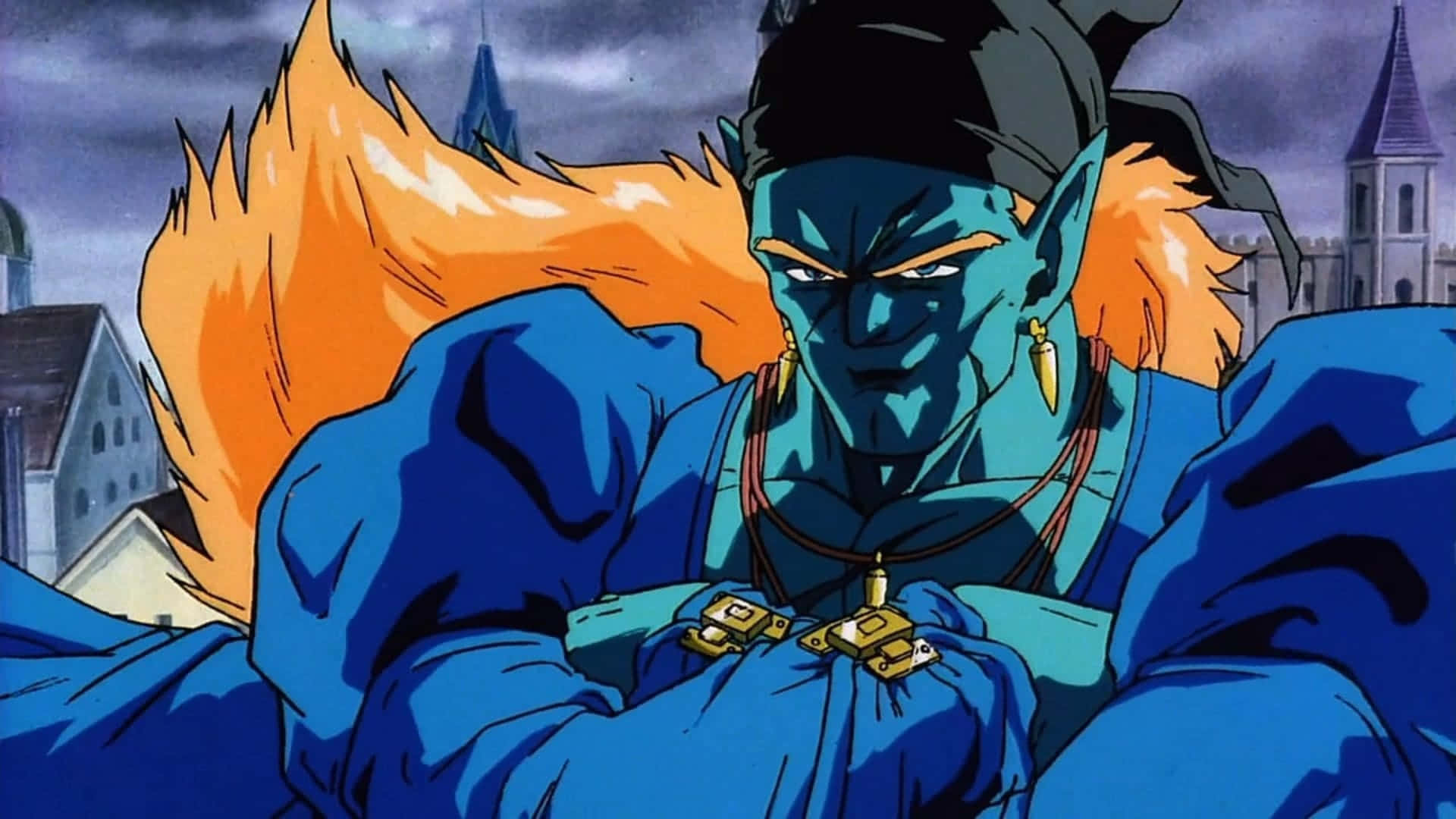 Dbz Movies 桌布 壁紙 — 一個兇猛的藍皮膚動漫角色，有著火橙色頭髮和黑色帽子，在黃昏的村莊中威嚇地站著。