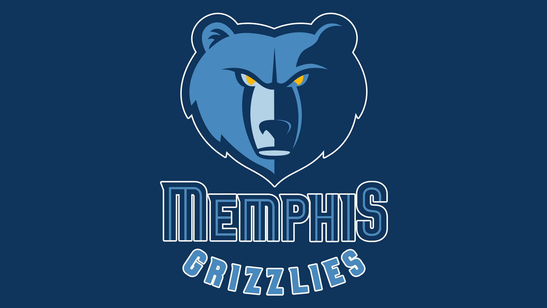 Memphis Grizzlies Logo 桌布 壁紙 — 一個兇猛的藍色灰熊標誌，帶有黃色眼睛和粗體字，用於孟菲斯灰熊隊，背景為純海軍藍。