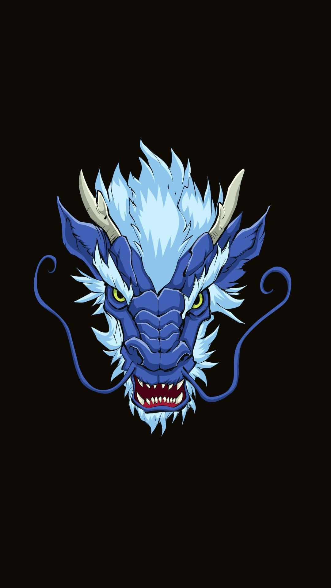 Blue Dragon 桌布 壁紙 — 一個兇猛的藍色龍頭，帶有白色鬃毛和角，在黑色背景上咆哮。