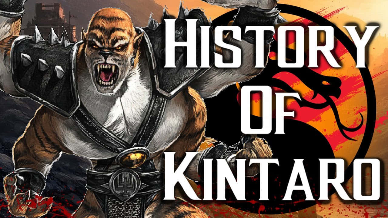 Mortal Kombat Kintaro 桌布 壁紙 — 一個兇猛的虎形戰士身穿尖刺盔甲，在熾熱的背景和粗體文字前發出侵略性的咆哮。
