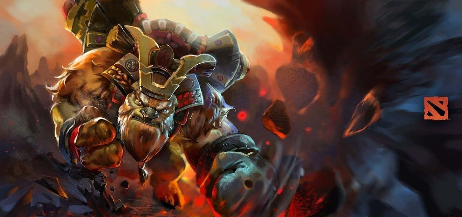 Earthshaker 桌布 壁紙 — 一個兇猛的裝甲食人魔，帶著發光的紅眼和飛揚的碎片，衝破一片火海景觀。