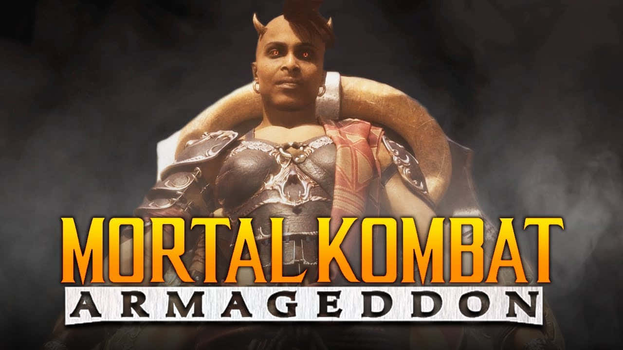 Mortal Kombat Armageddon 桌布 壁紙 — 一個兇猛的角鬥士穿著華麗盔甲，站在煙霧瀰漫的黑暗背景前，帶有「Mortal Kombat Armageddon」標題。