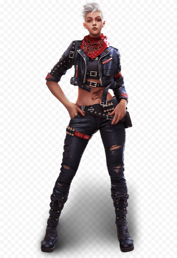 free fire 4K 桌布 壁紙 — 一個兇猛的賽博龐克女性，短銀髮，穿著黑色皮夾克、破洞牛仔褲和鉚釘靴，戴著紅色頭巾。