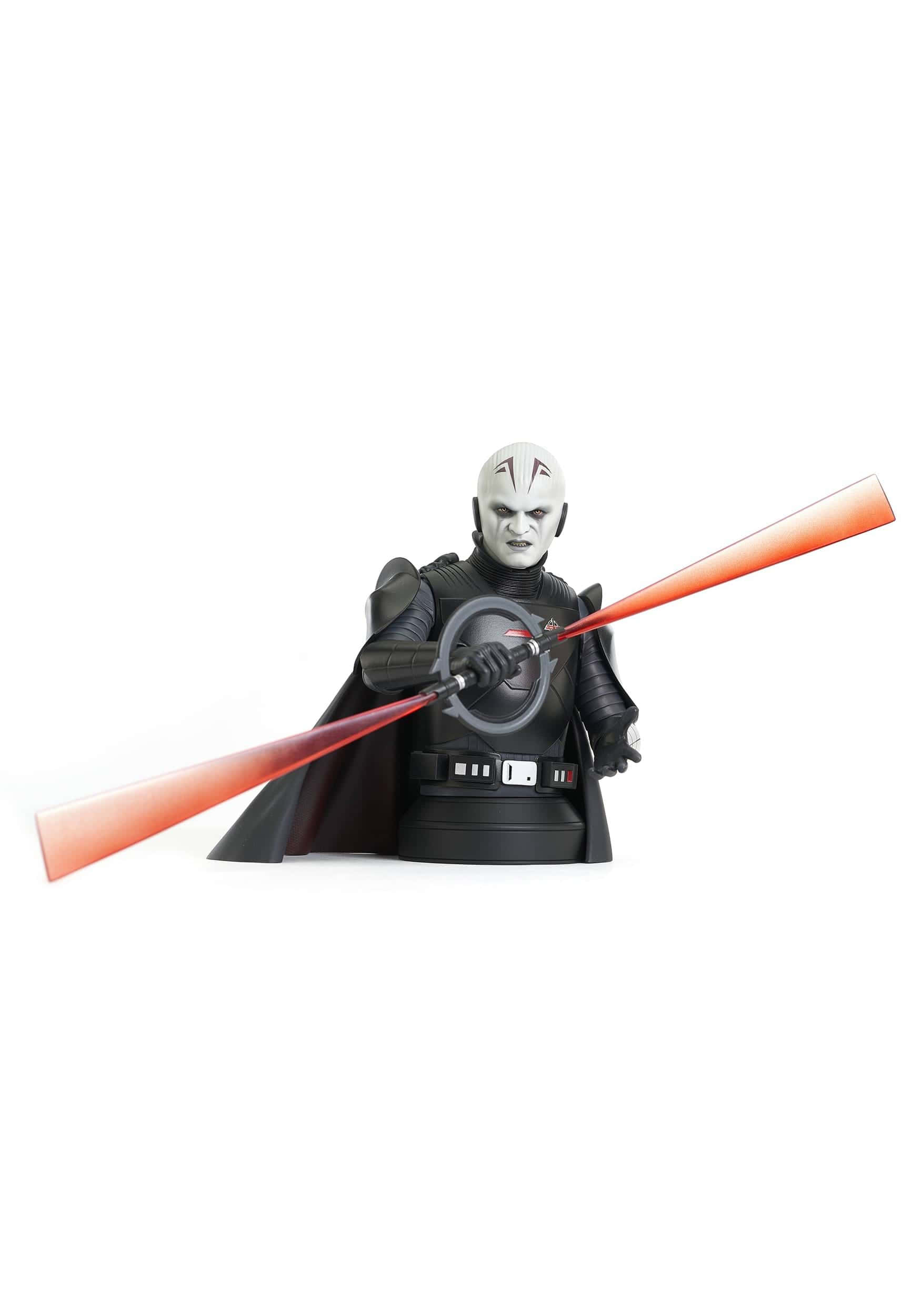 The Inquisitor 桌布 壁紙 — 一個兇猛的達斯摩爾人偶在純白背景下揮舞著雙刃紅色光劍。