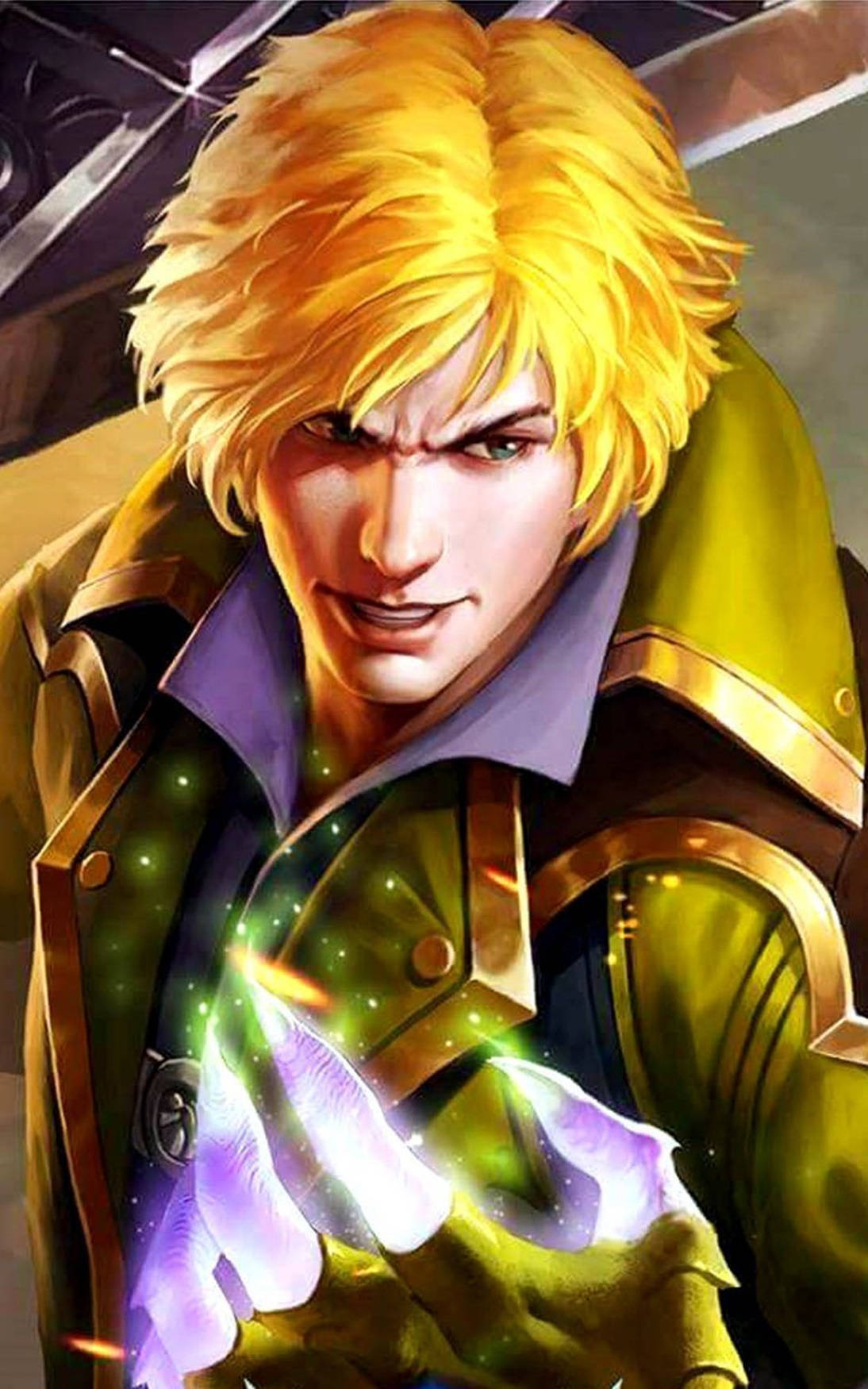 Mobile Legends 桌布 壁紙 — 一個兇猛的金髮動漫戰士身穿綠色盔甲，從手中釋放出發光的紫色和綠色能量。