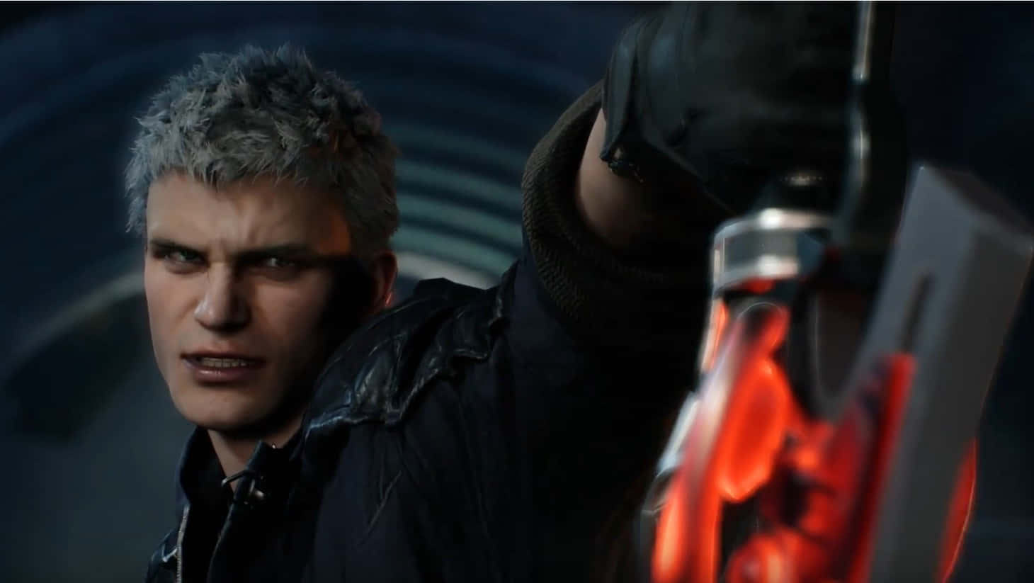 Devil May Cry Characters 桌布 壁紙 — 一個兇猛的電子遊戲角色，有著尖刺的灰色頭髮，在黑暗旋轉的背景中揮舞著一把發光的紅色劍。