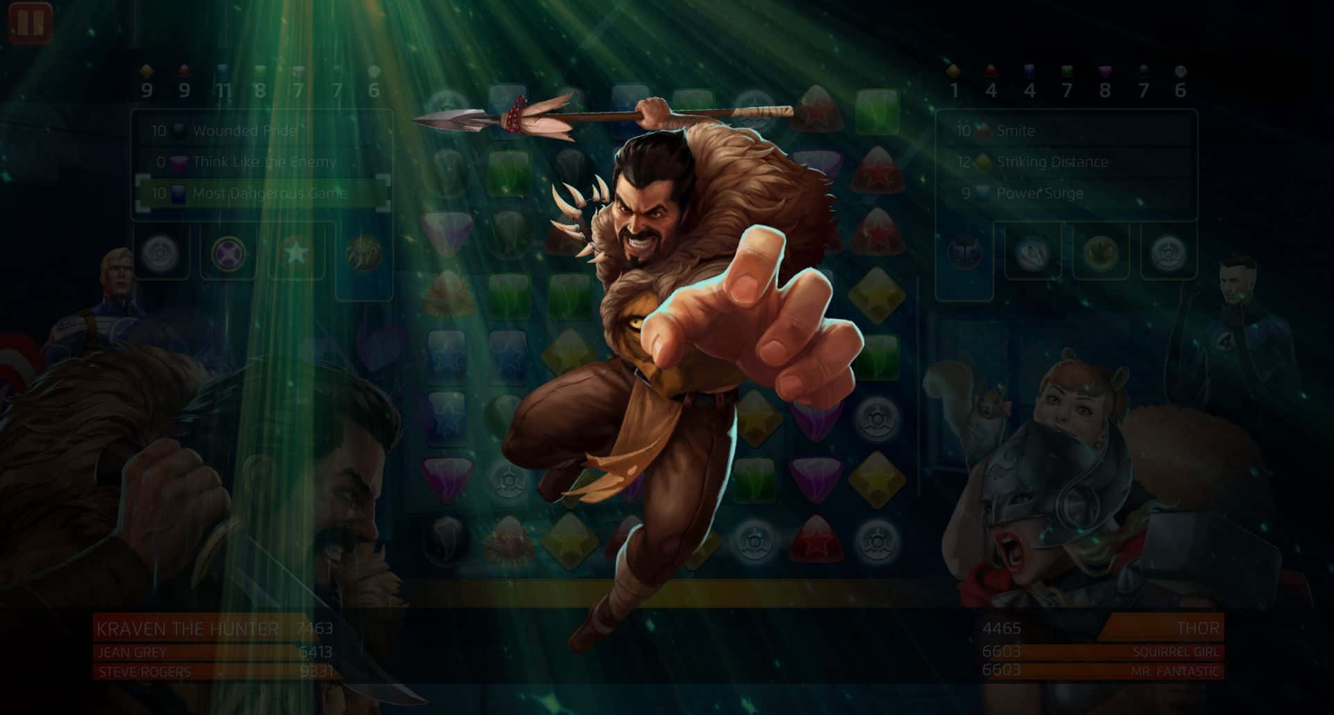 Kraven The Hunter 桌布 壁紙 — 一個兇猛的鬍鬚戰士身穿毛皮盔甲，在視頻遊戲場景中，於發光的綠色網格界面中持矛向前衝刺。