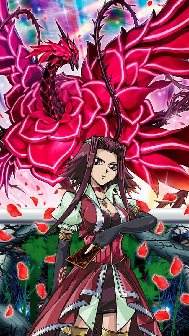 Yugioh Dragons 桌布 壁紙 — 一個兇猛的黑髮動漫女孩站在一朵巨大的發光紅玫瑰前，玫瑰內盤旋著一條龍。