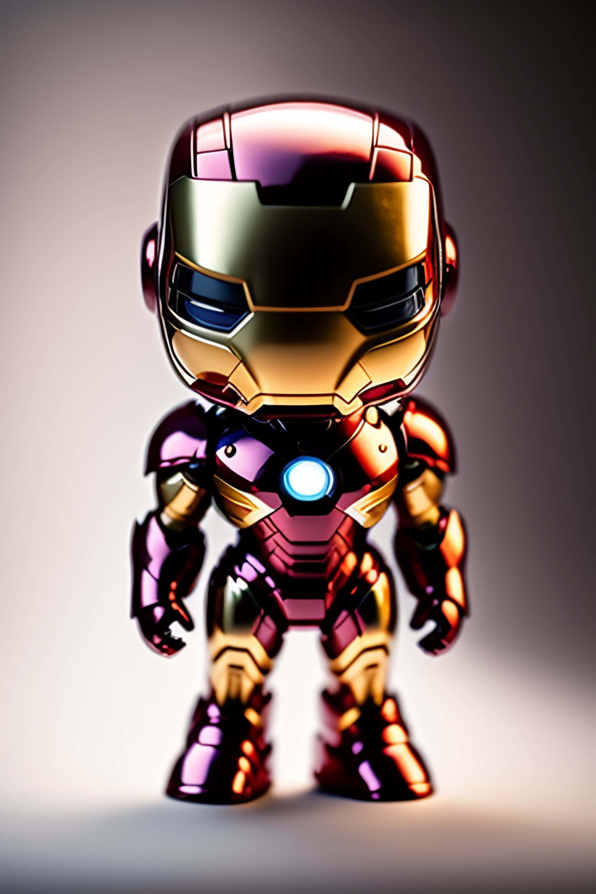 Iron Man Pop Figures 桌布 壁紙 — 一個光滑的Q版鐵甲奇俠人偶，在柔和漸變背景前擺出姿勢，帶有發光的弧形反應器。