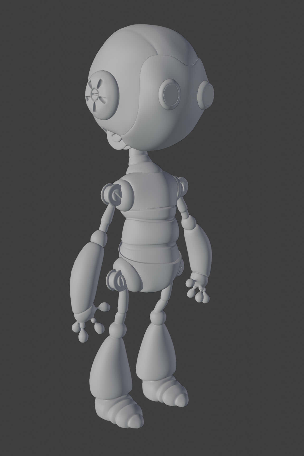 3d Modeling 桌布 壁紙 — 一個光滑的白色3D渲染機械人公仔，帶有關節肢體和圓形眼睛，站在深灰色背景前。
