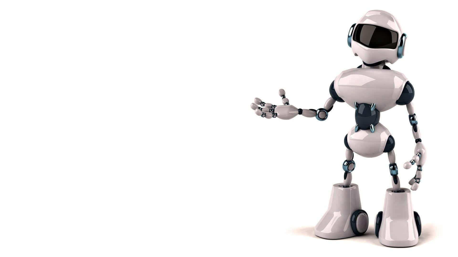 Kawaii Robot 桌布 壁紙 — 一個光滑的白色人形機械人帶有黑色點綴，在純白色背景前做出歡迎的手勢。