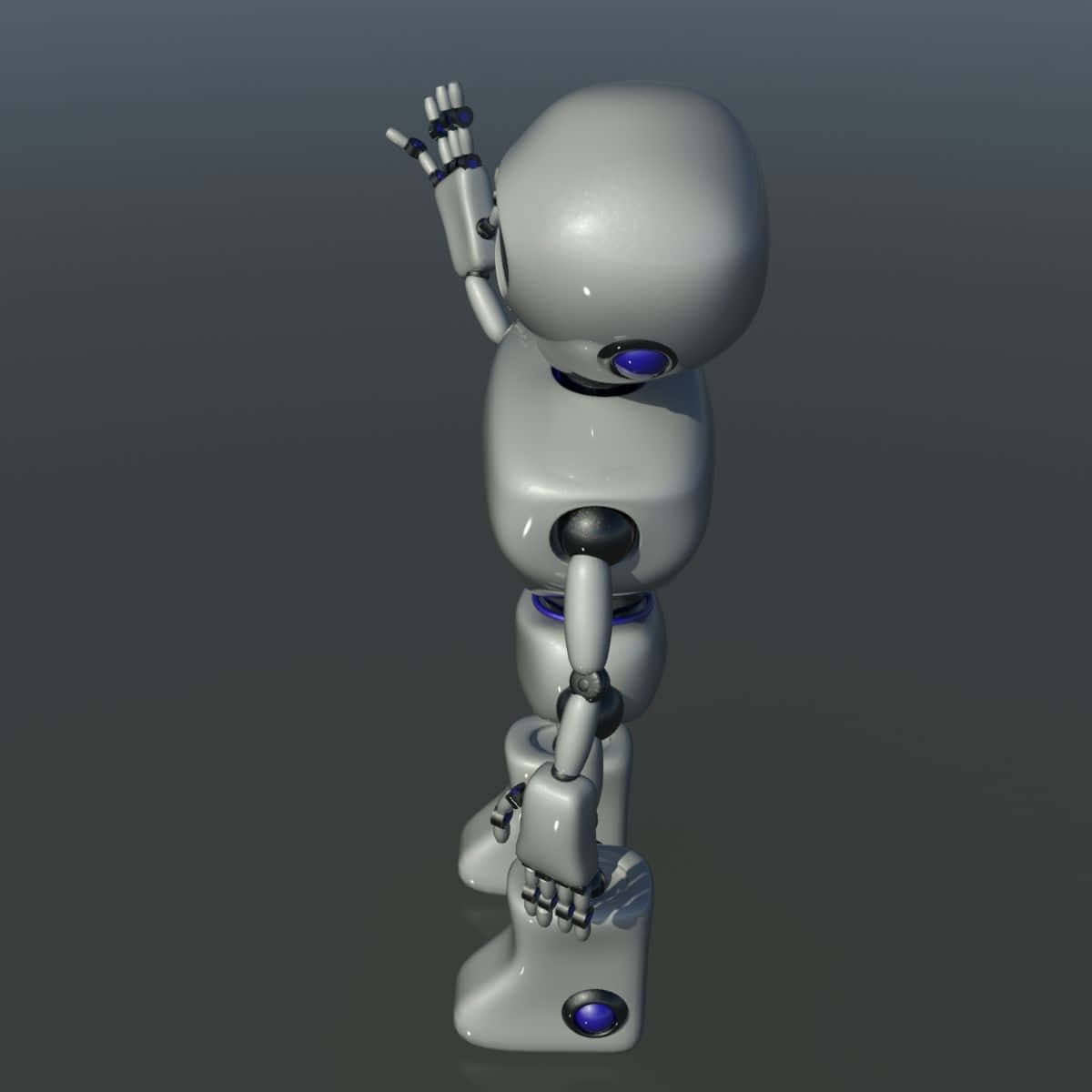 Kawaii Robot 桌布 壁紙 — 一個光滑的白色機械人，帶有發光的藍色眼睛和關節，在灰色漸變背景上愉快地揮手。