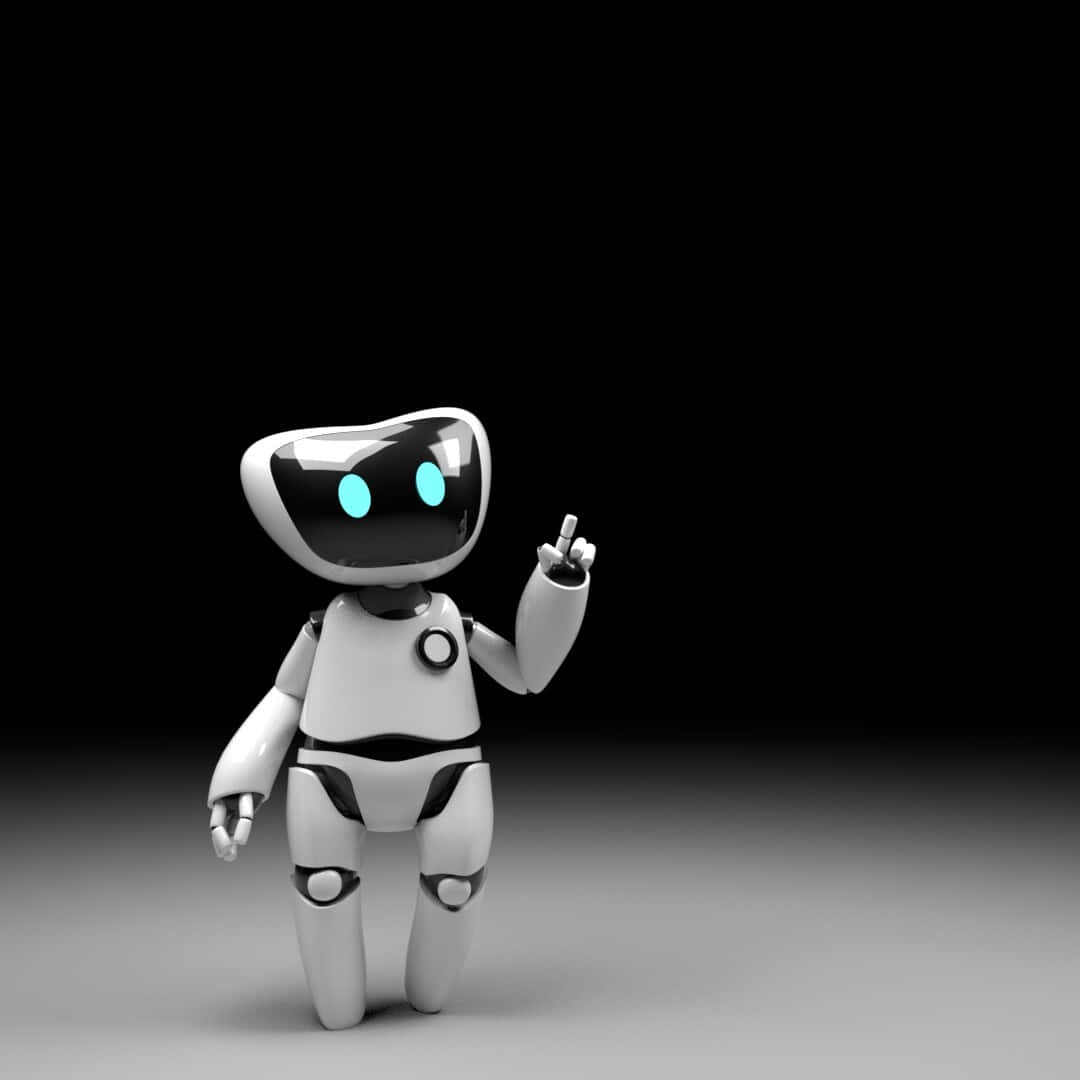Kawaii Robot 桌布 壁紙 — 一個光滑的白色機械人，帶有發光的藍色眼睛，在純黑色背景上向上做手勢。