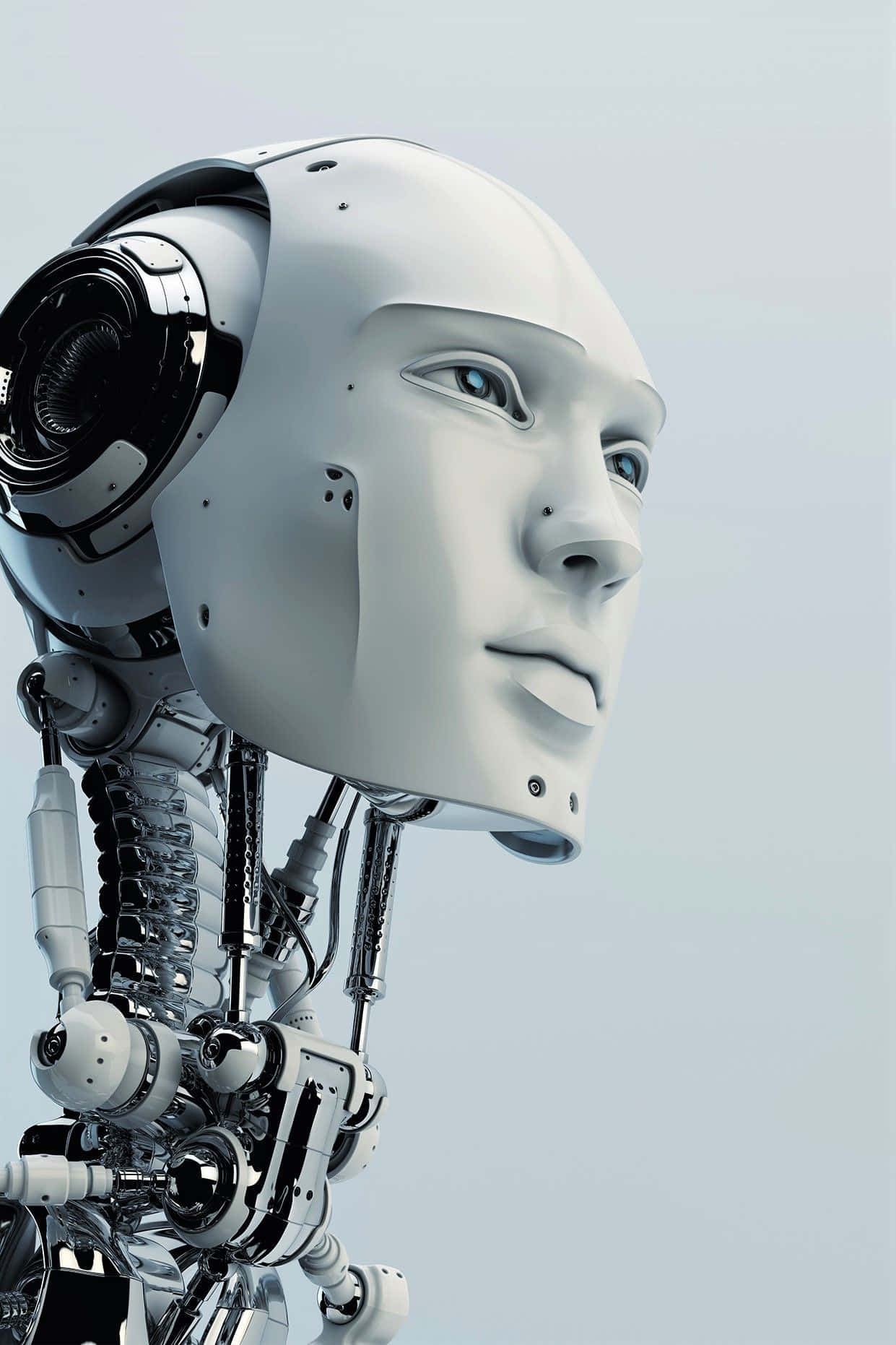 Gaming AI 桌布 壁紙 — 一個光滑的白色面孔和暴露的機械頸部的人形機械人，背景為淡藍色。