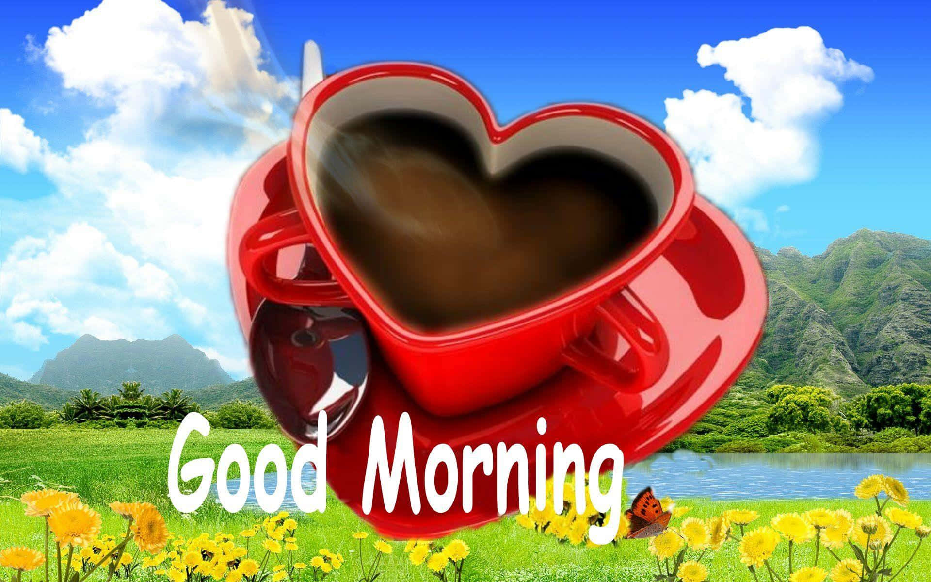 Good Morning 桌布 壁紙 — 一個光滑的紅色心形咖啡杯在陽光明媚的藍天下，在充滿活力的草地上冒著蒸氣，草地有山脈和一隻蝴蝶。