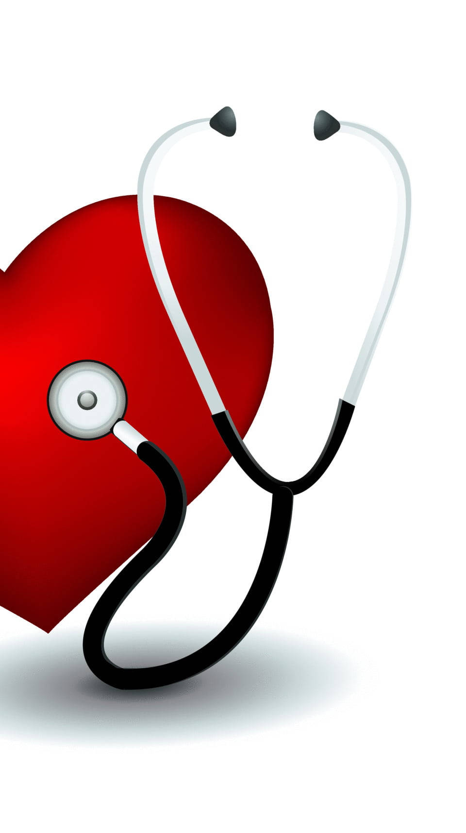 Stethoscope 桌布 壁紙 — 一個光滑的紅色心臟，上面掛著聽診器，背景是潔淨的白色。