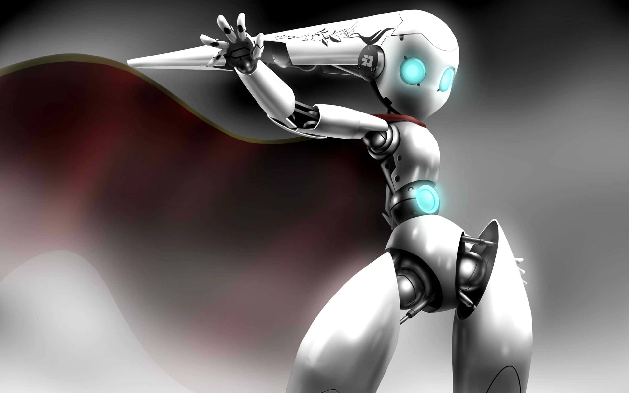 Kawaii Robot 桌布 壁紙 — 一個光滑的銀色機械人，擁有發光的藍色眼睛和飄逸的黑色斗篷，在煙霧繚繞的灰色背景下擺出英雄姿勢。