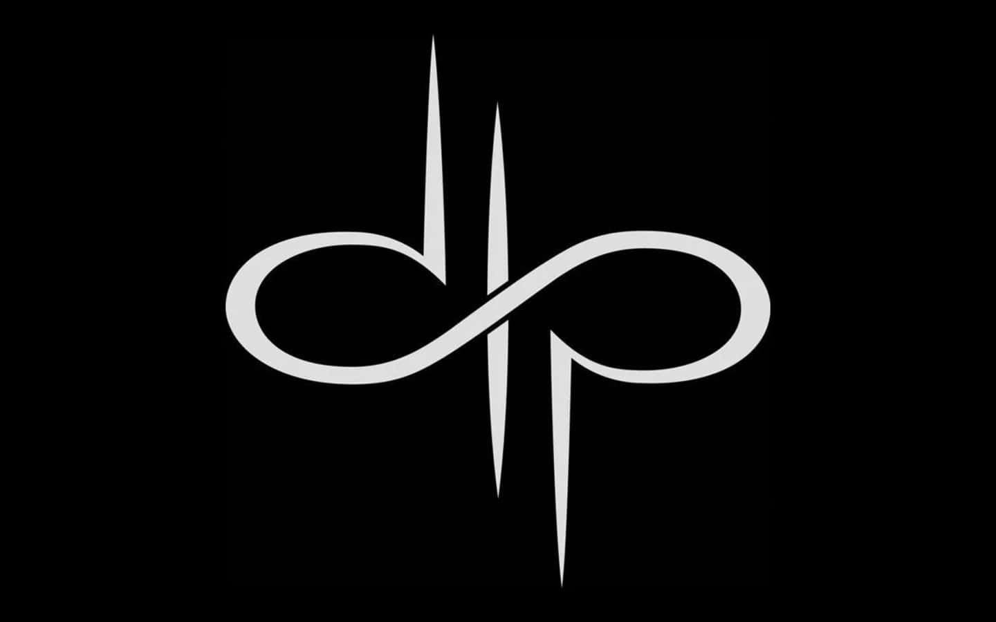 Dark Infinity 桌布 壁紙 — 一個光滑的銀色無限符號，帶有三個垂直尖刺，位於純黑色背景上。