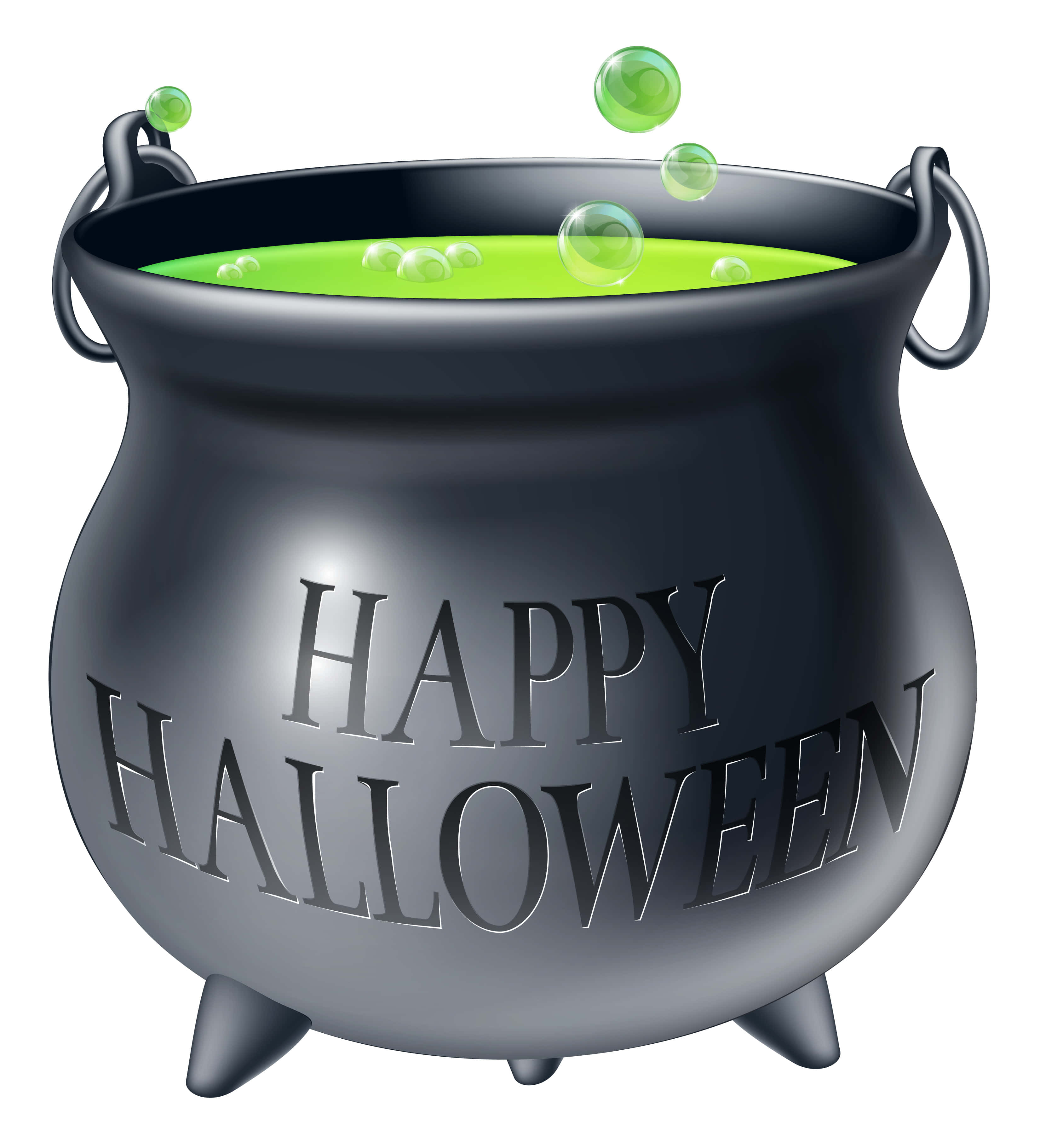 cauldron 桌布 壁紙 — 一個光滑的黑色大鍋，刻有「HAPPY HALLOWEEN」，在白色背景上冒著綠色冒泡藥水的蒸氣。