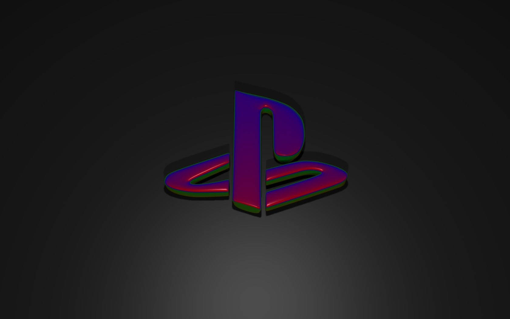 藝術 桌布 壁紙 — 一個光澤的PlayStation標誌在深色漸變背景上發出紫色和紅色的光芒。