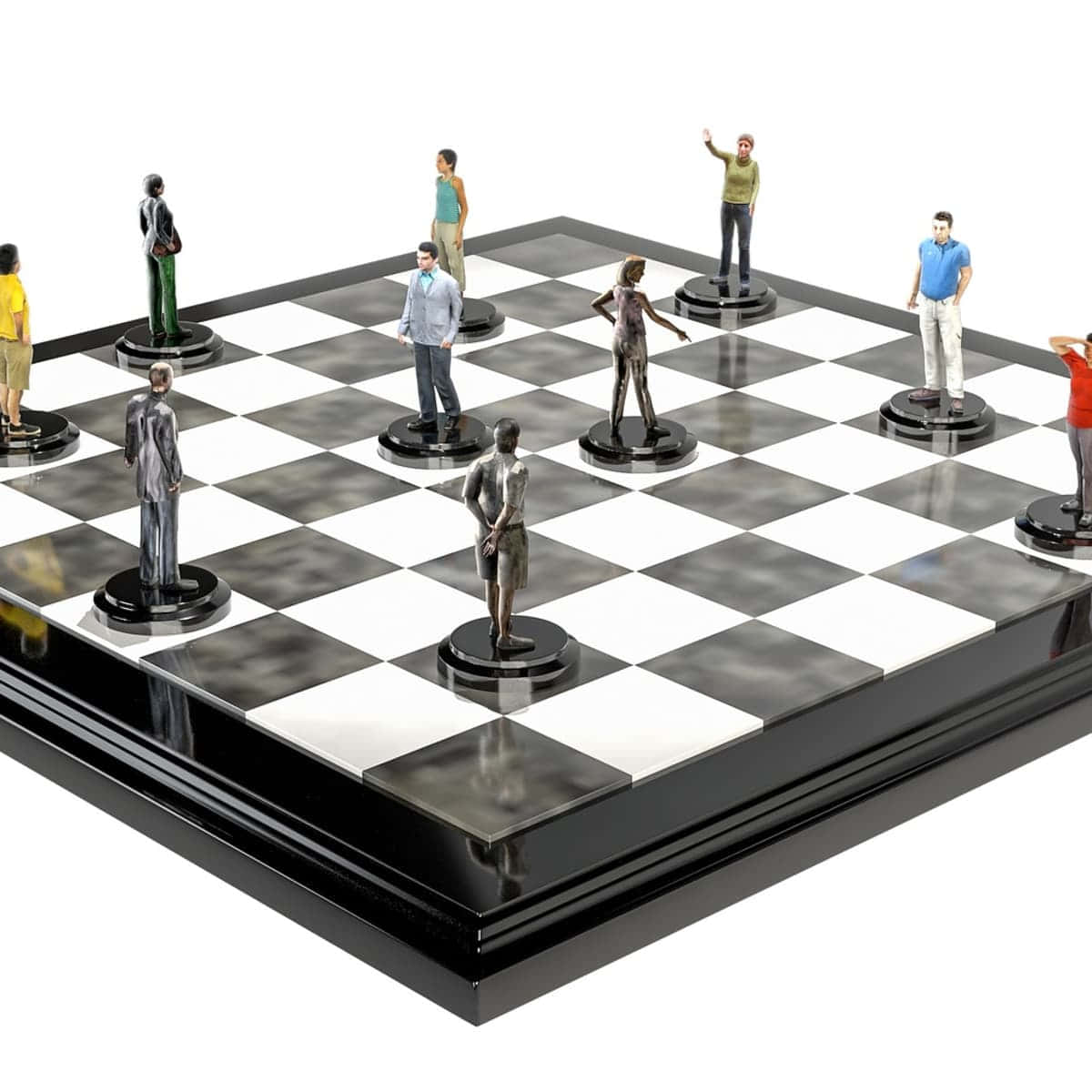 Chessboard 桌布 壁紙 — 一個光澤的黑白棋盤，每個方格上站著人形棋子，背景為純白色。