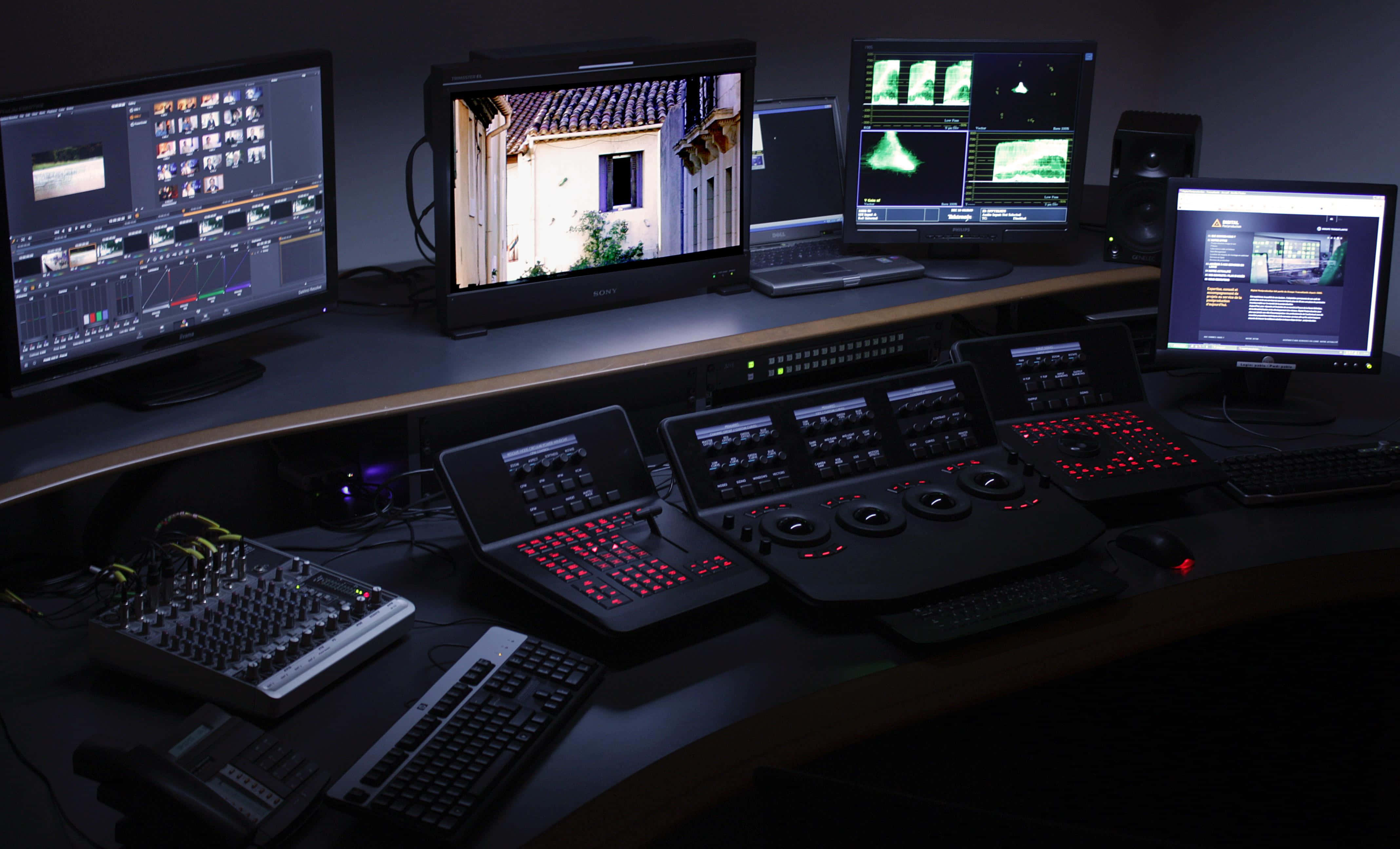 Multimedia 桌布 壁紙 — 一個光線昏暗的專業影片剪輯室，配備多個顯示器，顯示片段和帶有紅色背光的控制面板。