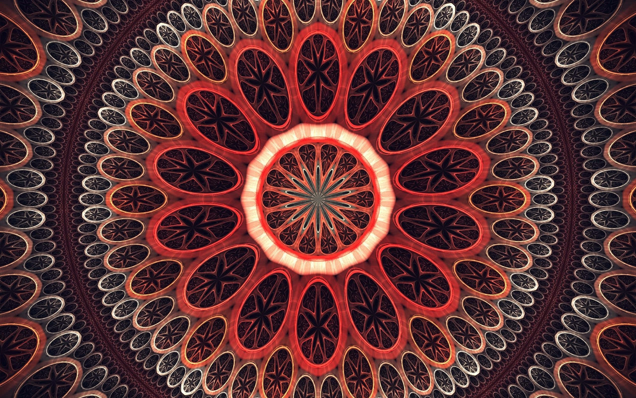 Psychedelic 3d Art 桌布 壁紙 — 一個光芒四射的紅黑曼陀羅，帶有發光的同心圖案和從中心核心輻射出的星狀圖案。