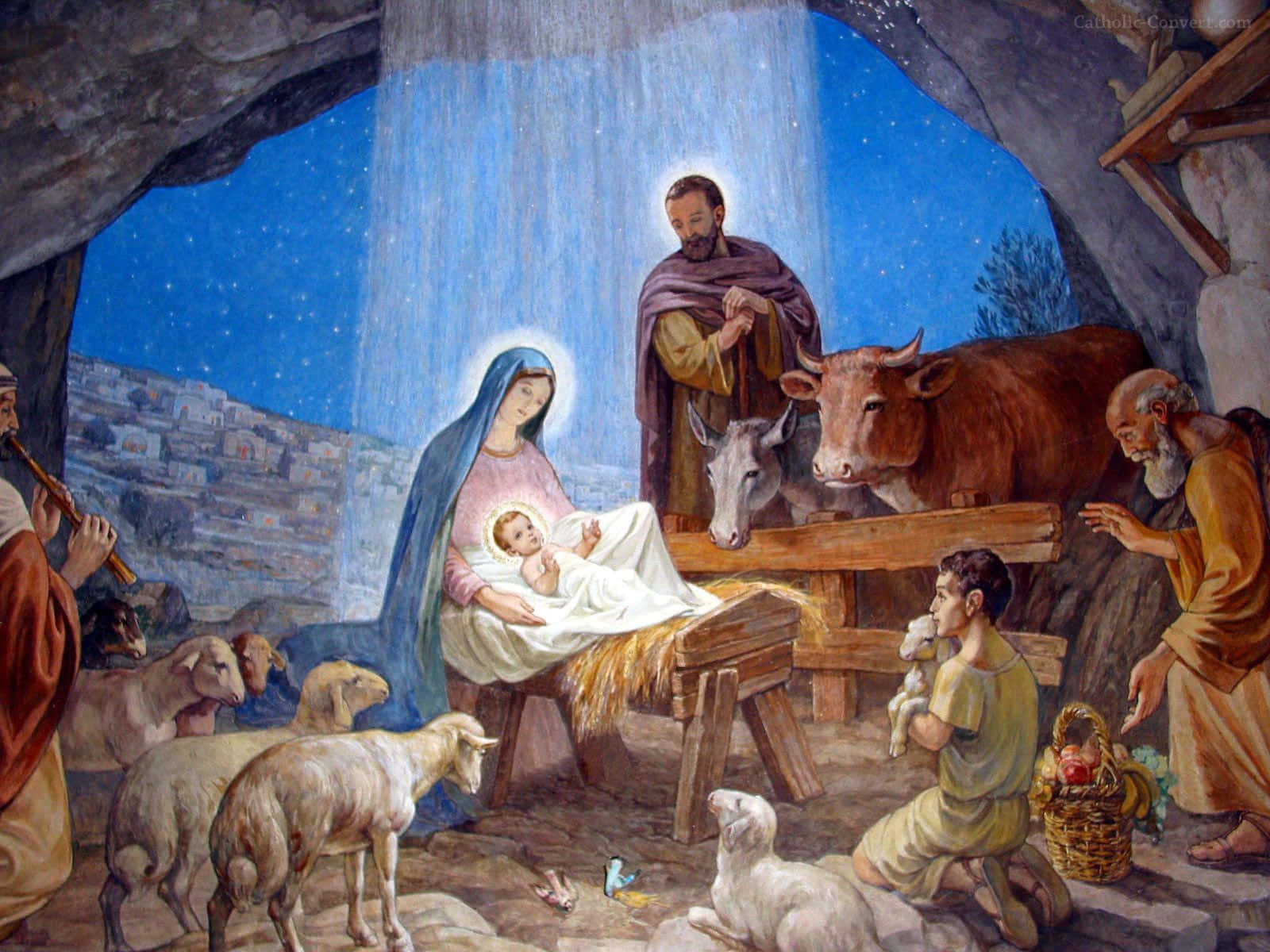 Nativity 桌布 壁紙 — 一個光芒四射的耶穌誕生場景，描繪瑪利亞在星空下懷抱馬槽中的嬰兒耶穌，約瑟和動物們圍繞著他們。