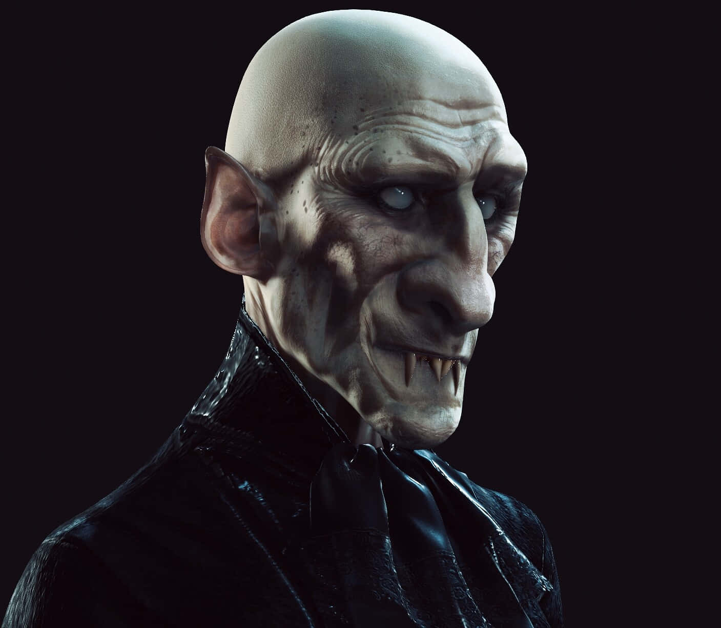 Vampire Lord 桌布 壁紙 — 一個光頭、尖牙、蒼白皮膚的威脅性吸血鬼，在黑暗背景下強烈凝視。