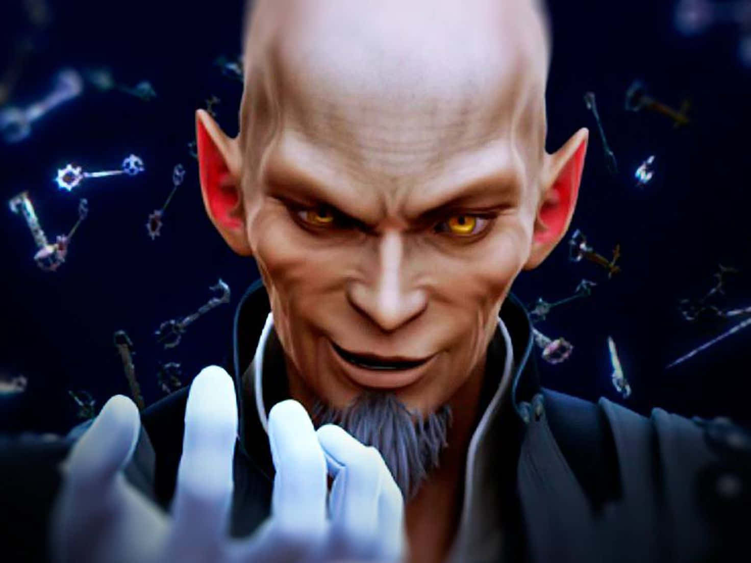 Kingdom Hearts Xehanort 桌布 壁紙 — 一個光頭、帶有發光黃色眼睛和白色手套的威脅性精靈向前伸手，浮動的鑰匙在黑暗背景中圍繞他旋轉。