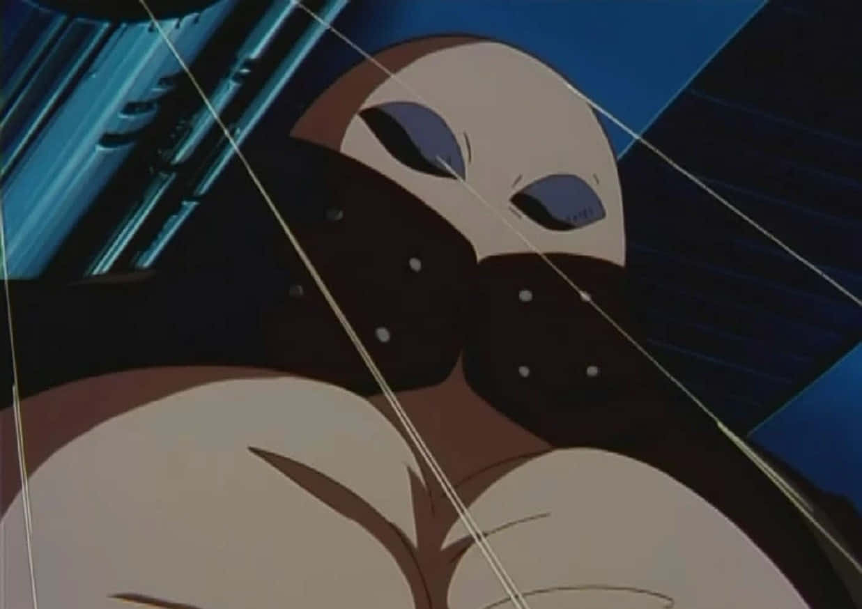 Trigun Gray The Ninelives 桌布 壁紙 — 一個光頭、眼睛發光、帶有威脅性的動畫外星人，在深藍色幾何背景前若隱若現。